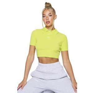 PrettyLittleThing Rib Cropped Polo Top  Size 0 US Lime Neon Crop Short‎ Sleeve